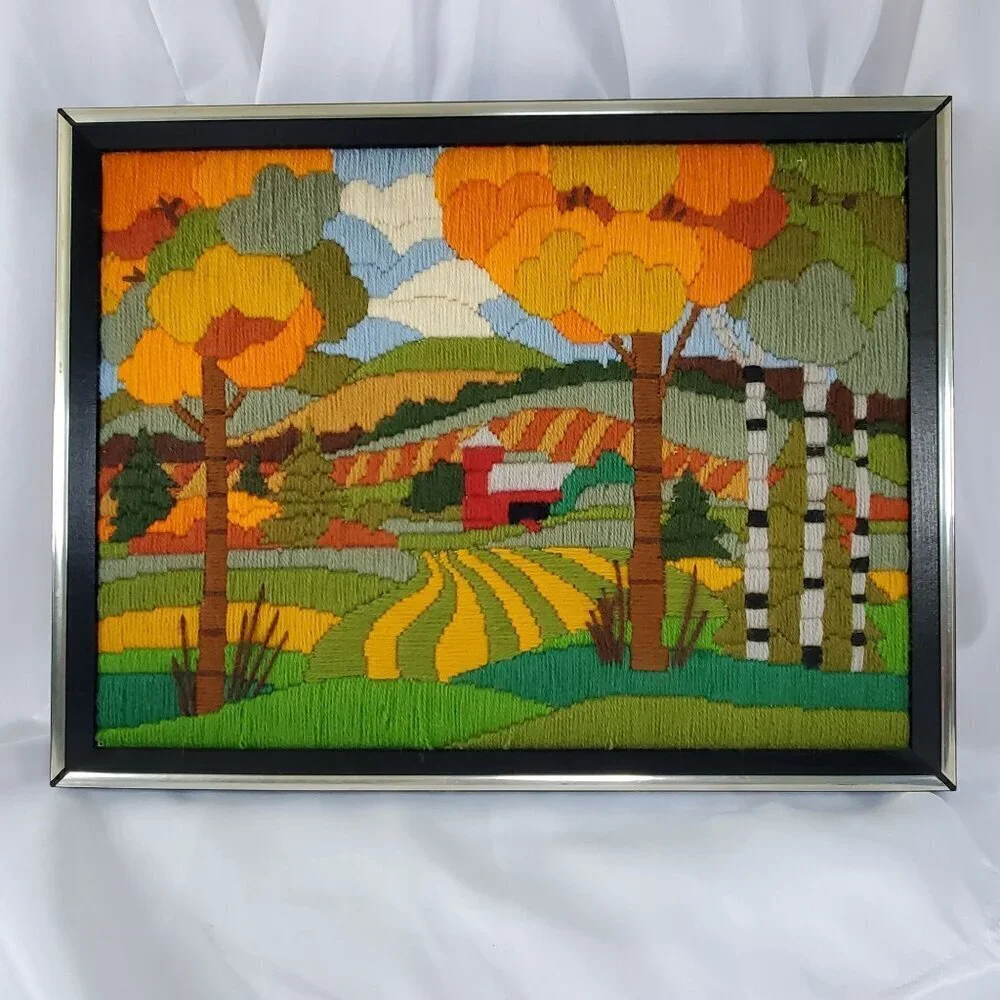 VTG 1970's Crewel Country Autumn Fall farm Scene Picture Framed Art 17”X13”